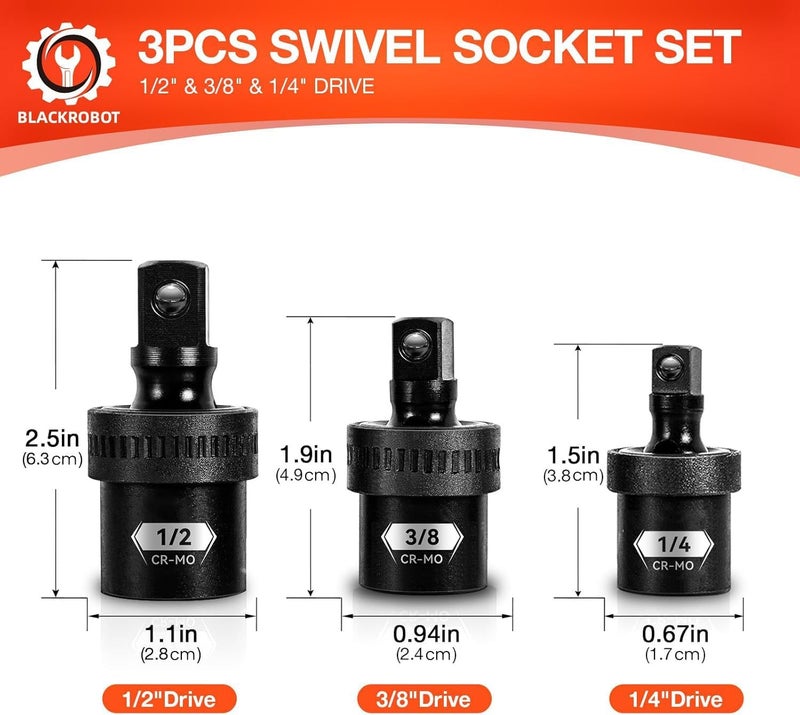 BLACKROBOT 3PCS Impact Swivel Socket Set, 1/2" 1/4" 3/8" Drive Universal Joint Socket, Premium Cr-Mo Steel Impact Grade Wobble Socket Set - Image 2